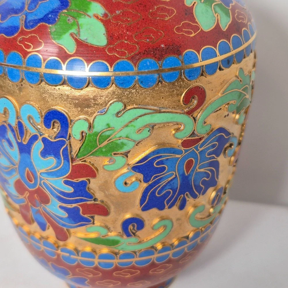Vintage Chinese Jingfa Cloisonné Bud Vase Blue Aqua Rust Green Deep Cut 5.5